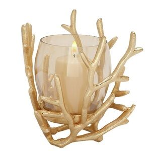 Gold Aluminum Pillar Hurricane Lamp Candle Holder with Coral Design